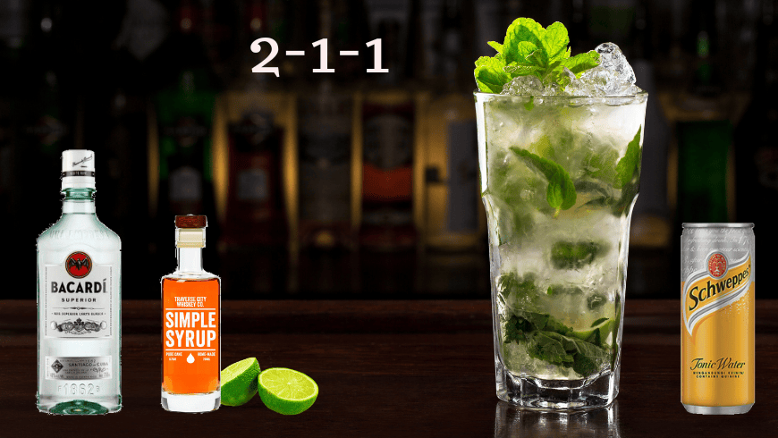 Mojito drink with a lot a mint and limes, dark background in a bar over the bar - brigzen