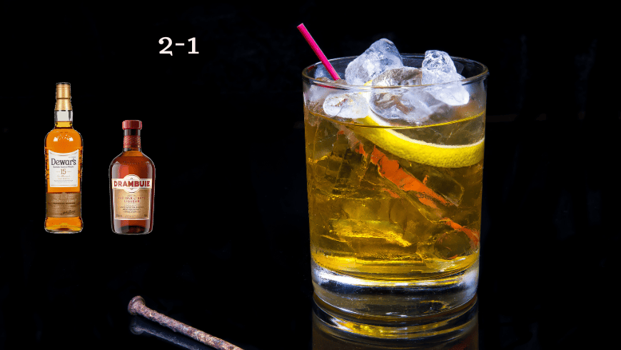 Rusty Nail drink near a real rusty nail with dark background - brigzen